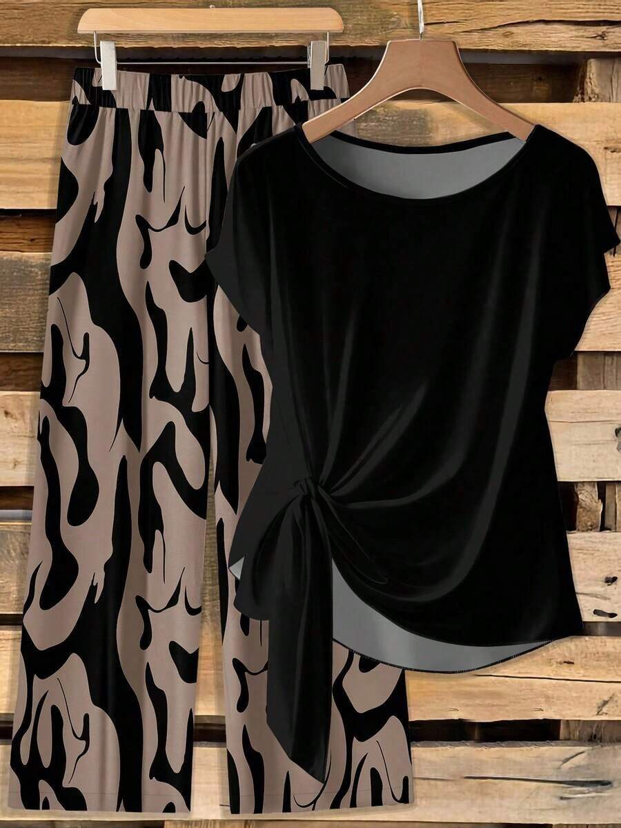Conjunto de 2 piezas de camisa de manga corta con lazo lateral de unicolor y pantalones rectos sueltos con estampado de cara de sol para mujer - Multicolor 3 - Ver 1