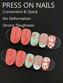24pcs Summer Starfish & Mushroom Nail Stickers, Oval Nails, Vibrant Summer Style Combining Coral Pink, Mint Green, Starfish & Mushroom Elements, Glossy, Full Coverage Oval Nails, Suitable Beach, Commute, Party, Work And Other Occasions Women! - 藏蓝色 - 查看 12