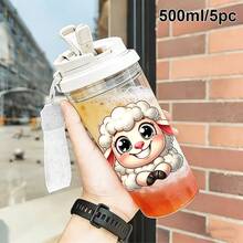 1/5 Piezas Taza de viaje portátil de 500ml con patrón de oveja de dibujos animados - Taza de café transparente, botella de agua a prueba de fugas con pajita y cordón, ligera y durable, perfecta para viajes, gimnasio, oficina y escuela - Un regalo encantador y reconfortante para mujeres, estudiantes y amantes de los animales. - Multicolor - Oveja sonriente adorable - Ver 6