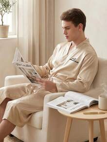 1pc Personalized Satin Robe For Men With Custom Name Embroidery, Kimono Style Bathrobe And Home Loungewear For Wedding Morning Preparation, Birthday Or Anniversary Gift For Husband Or Dad - Multicolor - View 7