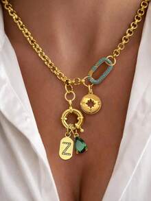 1 pieza Collar con letra dorada, collar de lujo con hebilla ovalada tipo donut y colgante de diamante verde, adecuado como regalo exquisito para fiesta de vacaciones para mujeres - Amarillo Oro - Ver 24