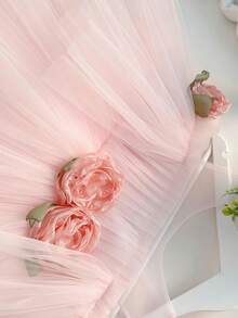 Baby Girls' Pink 3D Floral Mesh Princess Dress, Suitable For Girls' Birthday, Flower Girl, Wedding, Communion, Holiday Celebration, Vacation Dress - Baby Pink - View 10