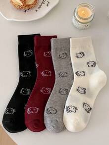 SANRIO 4双Hello Kitty刺绣船袜，个性化设计，趣味多彩，创意卡通图案，节日礼物，透气舒适，提升居家氛围，时尚男女皆宜，趣味袜子，疯狂卡通，汉堡包，薯条，甜甜圈，多色袜子 - 彩色 - 查看 6