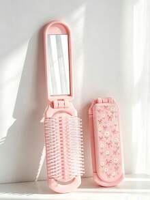 1pc Pocket Size Foldable Daisy Bow Print Air Cushion Massage Comb, Soft Teeth No Hair Damage, Smooth Detangling, ABS Material, Pink Girly Daisy Bow Print Embossed Rectangular Foldable Design, Scratch-Resistant Protective Shell, 2-In-1 Multi-Function Mirror Comb, Portable For Travel, Commute, Date, Birthday Gift - 1pc (1001) - View 2