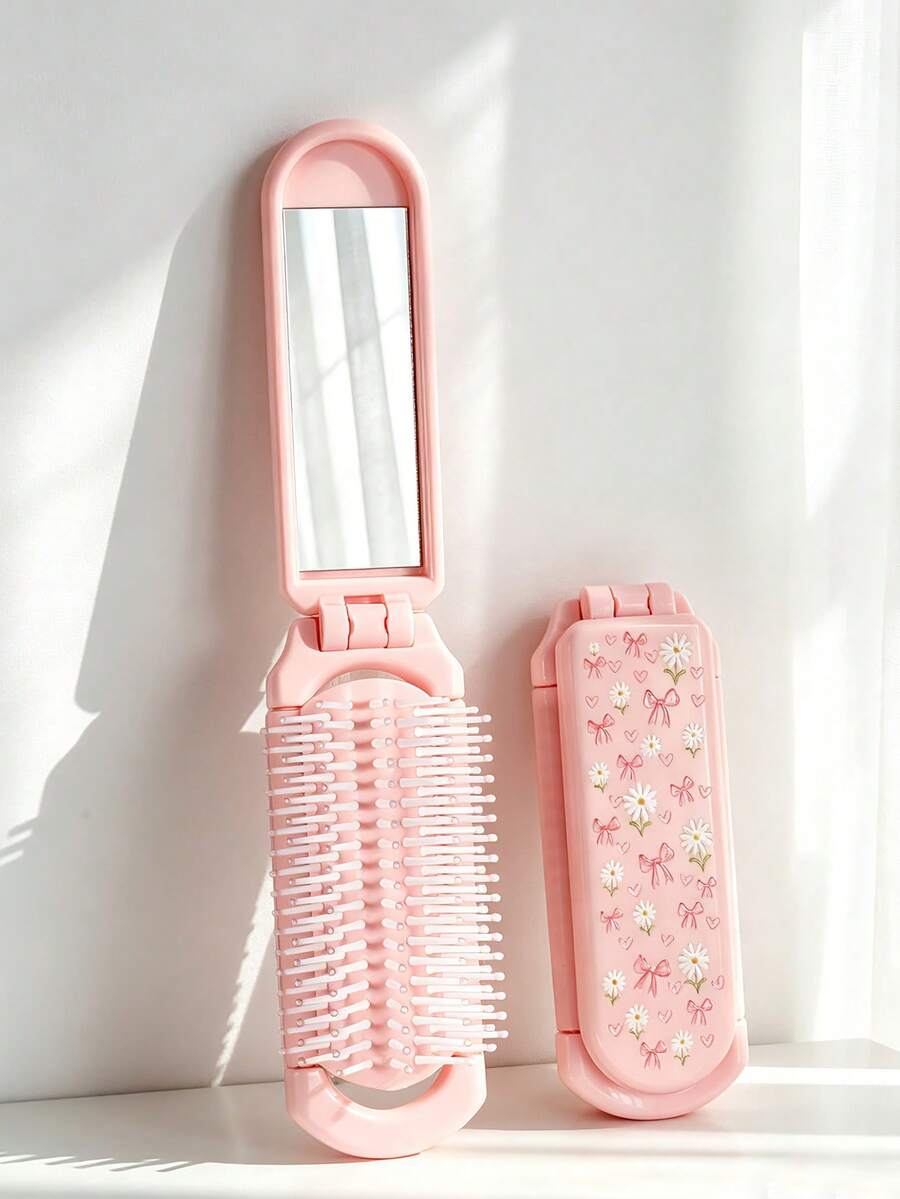 1pc Pocket Size Foldable Daisy Bow Print Air Cushion Massage Comb, Soft Teeth No Hair Damage, Smooth Detangling, ABS Material, Pink Girly Daisy Bow Print Embossed Rectangular Foldable Design, Scratch-Resistant Protective Shell, 2-In-1 Multi-Function Mirror Comb, Portable For Travel, Commute, Date, Birthday Gift