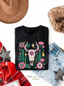 Women's Casual Cow Skull & Cactus Print Short Sleeve T-Shirt, Round Neck Polyester Top For A Boho Summer Style - 黑色 - 查看 12