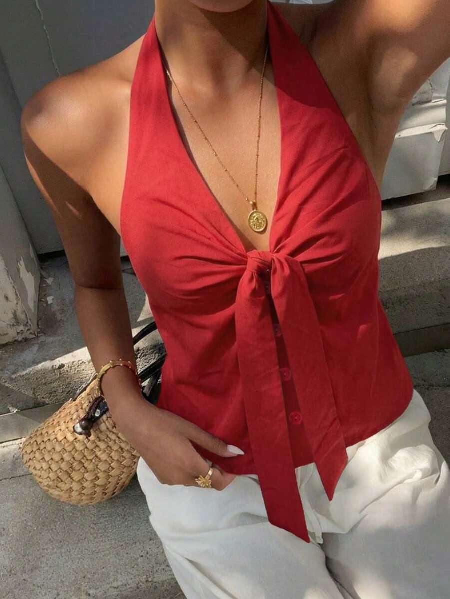 Women's Deep V-Neck Halter Top With Twist Button Design, Fitted Silhouette Sexy For Dates, Gatherings, Shopping, Travel & Vacation, Summer Tops Red