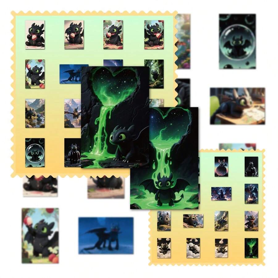 How to Train Your Dragon 1 مجموعة / 60 ملصق طبعة فن تنين بلا أسنان، مجموعة ملصقات تنين الليل الجميل، خيار مثالي لديكور الغرفة والألبوم الفني والكمبيوتر المحمول والحقائب، مثالي لمعجبي تدريب تنانيرك والمجموعين - متعدد الألوان - مشاهدة 1