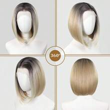 Ombre Gold Highlight Short Wavy Wig, Dark Roots, 13x4 Lace Front, Suitable For Daily Use, 150% Density, Realistic Natural High-Temperature Fiber - Brown - View 5