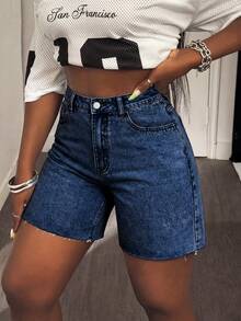 Plus Size Distressed Frayed Hem High Waist Washed Denim Shorts, Stretchy Fabric, Suitable For Dates, Outings In Summer, Sexy Retro Versatile All-Match Style Casual - Deep Blue - View 8