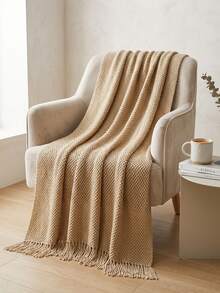 1pc Solid Color Knitted Throw Blanket With Tassels, Soft Textured Woven Blanket For Couch Sofa Bed Living Room Home Decor - YU Khaki - View 2