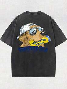 Vintage Washed Dog Graphic T‑Shirt, Retro Sunglasses Dog Print Crew Neck Short Sleeve Casual Fall Streetwear Oversized Tee For Women - 黑色 - 查看 13