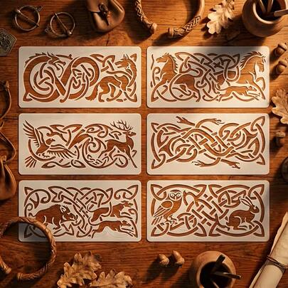 Bộ 6 khuôn mẫu viền họa tiết nút thắt động vật Celtic, kích thước 5.91 x 7.49 cm, lý tưởng cho các thiết kế nút thắt Viking, dùng trong nghệ thuật và thủ công. Những khuôn mẫu bằng nhựa này có các họa tiết nút thắt truyền thống, rất phù hợp để trang trí tường, đồ nội thất, hoặc tranh vẽ.
