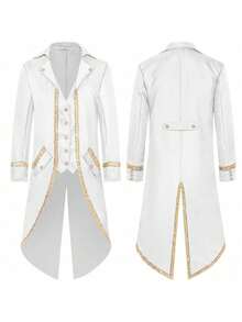 New Retro Medieval Mid-Length Punk Halloween Tailcoat With Gold Trim Costume Outfit For Women - Gold-edged Tuxedo 2 White - View 1