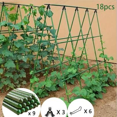 18-Piece Sturdy Metal Garden Trellis For Climbing Plants: A Complete Plant Support Kit Featuring A Robust Metal Framework And Thickened PVC-Coated Steel Pipes. Set Includes 3 Horizontal Bars, 6 Vertical Bars, 3 A-Fork Connectors, And 6 Spring Clips. Perfect For Supporting Cucumbers, Beans, Tomatoes, And Other Vining Crops-A Durable And Reusable Plant Support Solution.
