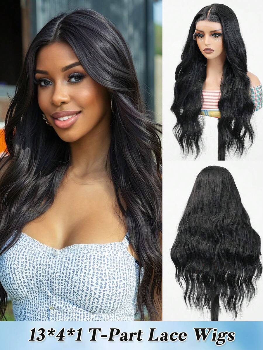13*4*1 Inch T-Part Lace Front Wig With Baby Hair, Synthetic Wavy Lace Front Wig 26 Inch For Women, Ombre Gold/Multi-Color