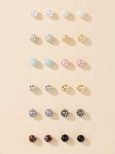 12 Pairs Cute Minimalist Colorful Ball Stud Earrings Set, Suitable For Daily Casual Wear, Great Gift For Friends On Valentine's Day