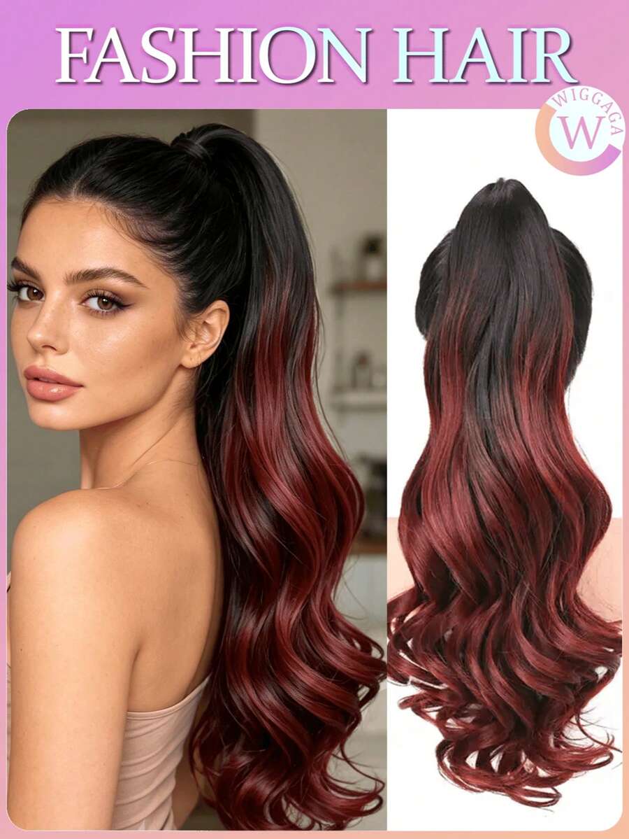 WIGGAGA 24" SS Series Inspired: Women's Vacation Outfit, Valentine's Day Summer Style, Clip-In Synthetic Fiber Long Curly Ponytail Hair Extension, Claw Clip Ponytail Hairpiece, Realistic Hair Bun, Suitable For Women (Ombre Red) - Red Ombre - View 1