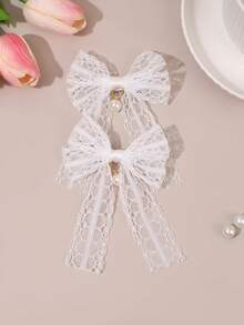 2 piezas Clips de pelo con lazo blanco, accesorios de pelo con decoración de perlas y malla, regalo de moda para el cabello - Blanco - Ver 3