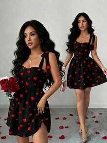 Vestido corto de línea A con estampado de corazones romántico para el Día de San Valentín - Rojo - Ver 3