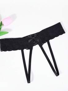 1pc Lace Hollow Sexy G-String Panties With Bow Tie, Low-Waist Seductive Lingerie - Black - View 9