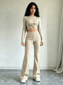 Conjunto De Blusa Corta De Manga Larga Y Pantalón Para Mujer Con Diseño De Bloques De Color - Albaricoque - Ver 3