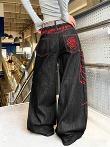 1 chiếc quần jeans ống rộng dáng suông phong cách đường phố Mỹ cổ điển, thêu họa tiết, thoải mái và đa năng (Không bao gồm thắt lưng/phụ kiện) - Đỏ - Xem 6
