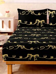 Bộ ga trải giường 2/3 món, chất liệu polyester chải mịn, họa tiết nơ và trái tim cổ điển, gồm 1 ga trải giường và 1/2 vỏ gối. - màu đen - Xem 5