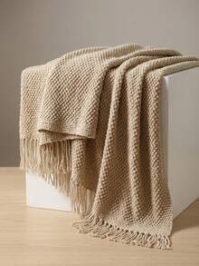 1pc Solid Color Knitted Throw Blanket With Tassels, Soft Textured Woven Blanket For Couch Sofa Bed Living Room Home Decor - YU Khaki - View 1