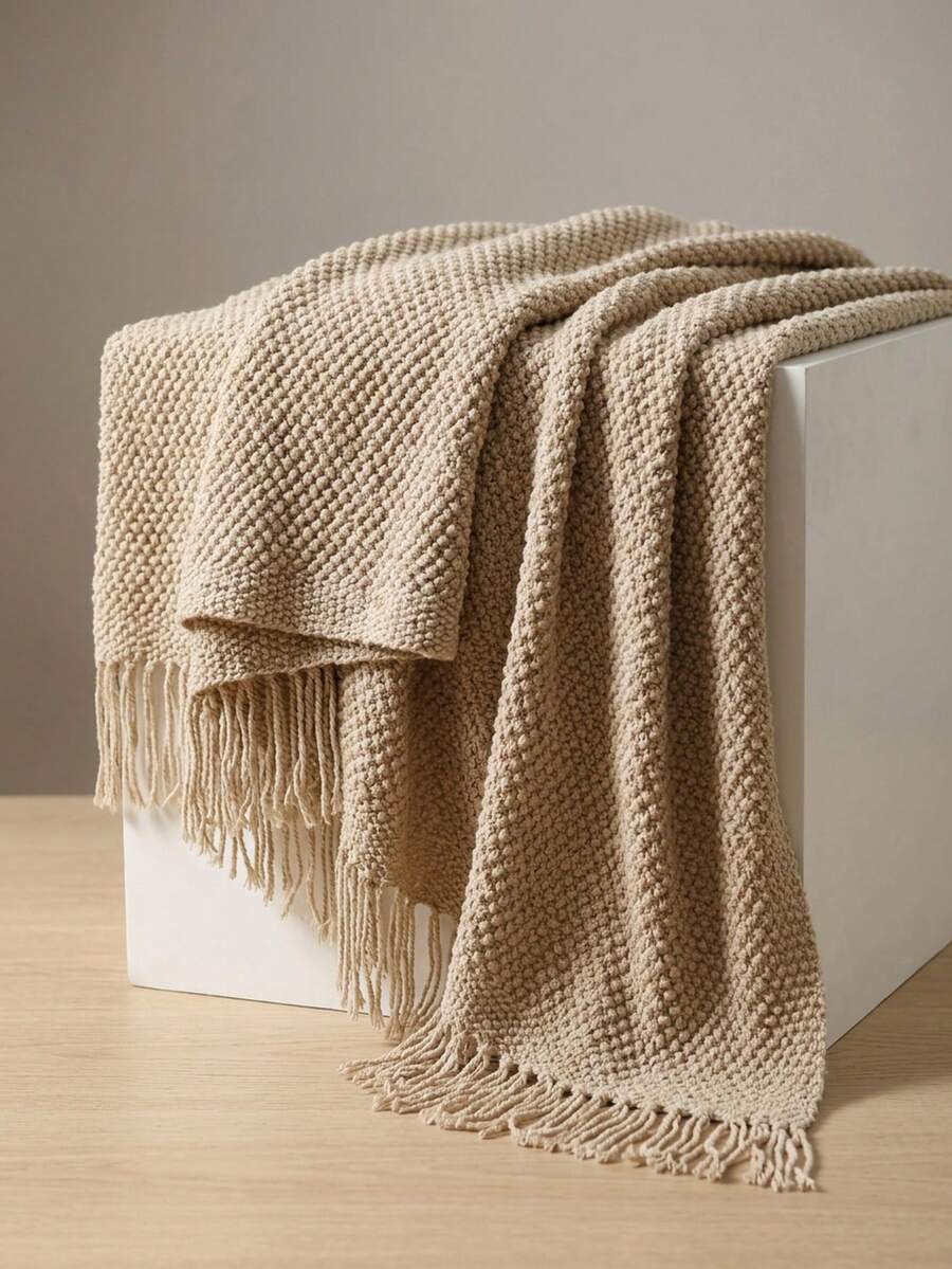1pc Solid Color Knitted Throw Blanket With Tassels, Soft Textured Woven Blanket For Couch Sofa Bed Living Room Home Decor - YU Khaki - View 1