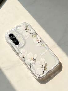1 pieza Funda de teléfono de textura suave de TPU con ondas de dopamina y volantes de color crema con un patrón único de flor blanca, compatible con Galaxy S21 S22 S23 S24 S25 S26/Honor/ y otros modelos - transparente - Ver 1