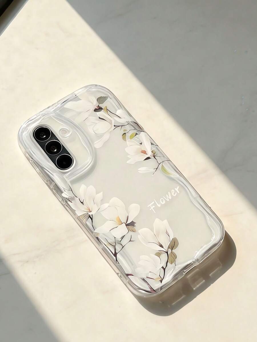 1 pieza Funda de teléfono de textura suave de TPU con ondas de dopamina y volantes de color crema con un patrón único de flor blanca, compatible con Galaxy S21 S22 S23 S24 S25 S26/Honor/ y otros modelos - transparente - Ver 1