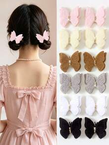 10 piezas de Pinzas para el cabello con mariposas de peluche de doble capa de colores aleatorios de otoño/invierno, accesorios para el cabello con alas texturizadas de unicolor con lunares y strass, adornos para la cabeza dulces para niñas para uso diario y fiestas - Multicolor - Ver 2