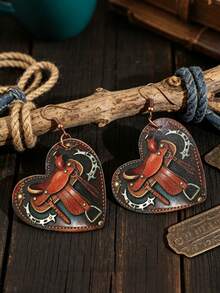 1 Pair Retro Western Style Printed Saddle & Heart Leather Earrings, Fashion Western Style PU Leather Earrings For Women - Multicolor - View 4