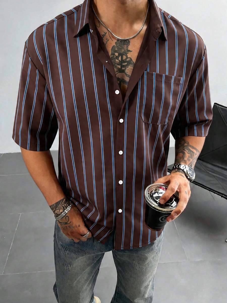 Men's Striped Short Sleeve Single-Breasted Casual Pocket Shirt - Brown - View 1