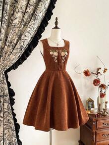Vestido elegante vintage de mujer con bolsillos, de pana con bordado floral y botones, ropa casual para vacaciones, otoño, ropa de otoño para mujer, atuendos de otoño para mujer, vestidos de otoño para mujer, vestido de invierno para mujer, ropa de invierno para mujer, ropa de Navidad para mujer, atuendo de Navidad para mujer, vestido de fiesta de Navidad, vestido marrón, vestidos elegantes para mujer, vestido elegante para mujer - Marrón - Ver 6