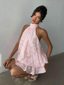 Vestido mini elegante de mujer con cuello halter y lazo en color amarillo claro - Azul lavado oscuro - Ver 7