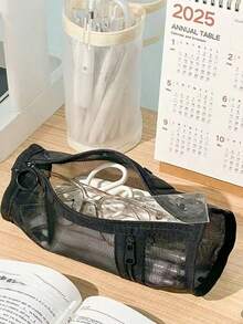 Minimalist Transparent Mesh Large Capacity Pencil Case, Flip Cover Solid Color Pen Bag, Portable Stationery Storage Bag - Multiple Styles - View 4