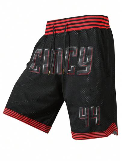 Atonmore Quần short thể thao nam bóng rổ số 44 màu đen, chất liệu lưới, thêu họa tiết, có khóa kéo và túi.