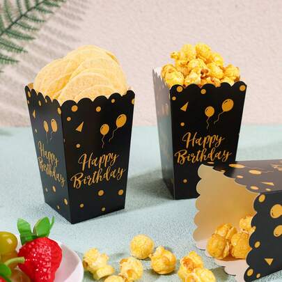 Black Gold Happy Birthday Popcorn Boxes, Glitter Balloon & Confetti Print Disposable Paper Snack Containers, 4.52x2.95x2.16 Inch Treat Boxes For Adult Birthday Party, Milestone Celebration, Backyard Gathering, Movie Night, Carnival, Outdoor BBQ, Party Favors, Candy Buffet, Dessert Table Decor, Sturdy Paper Popcorn Holders Multi Size Optional With 10PCS 20PCS 50PCS 100PCS For All Adult Celebration Occasions