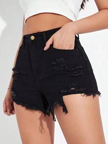 Shorts en mezclilla de talle alto desgarro ribete crudo - Negro 3 - Ver 4