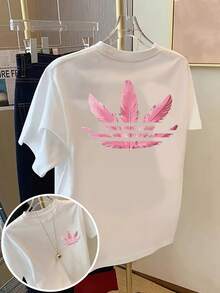 Short-Sleeve T-Shirt With Front And Back Print - Clover, Pink Feather Fashion Print - Women's Spring/Summer  Print T-Shirt, Fashion Item, Suitable For Weekend Dates, Gatherings, And Travel. 2026 New Arrivals - White - View 1