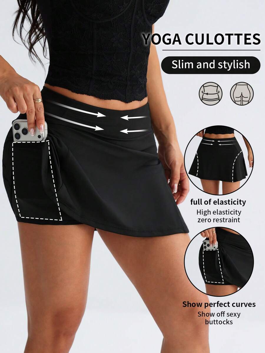 1pc Spring/Summer Casual Minimalist Fashion Sports Skirt Pants, Slimming Waist Design With Pockets - Black - View 1