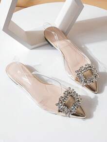 2026 New Sexy Pointed Toe Strap Gold Sandals, French Style Low Vamp Rhinestone Flat Shoes For Spring - Gold - View 2