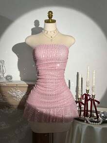 Vestido de verano con volantes con lentejuelas y sin tirantes para mujer - Azul marino - Ver 9