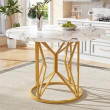 Round Dining Table (100*100*76 Cm), Kitchen Table, Round Coffee Table For 4-6 People, For Dining Room, Living Room, Metal Table Legs, Geometric Table Legs, Marbled MDF Top, Gold Finish - 白色 - 查看 1