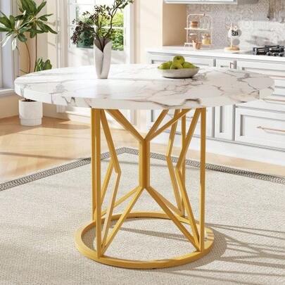 Round Dining Table (100*100*76 Cm), Kitchen Table, Round Coffee Table For 4-6 People, For Dining Room, Living Room, Metal Table Legs, Geometric Table Legs, Marbled MDF Top, Gold Finish