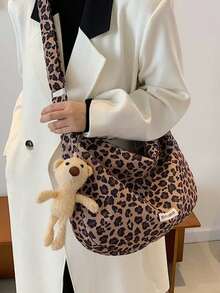 Leopard Print Corduroy Crossbody Bag With A Teddy Bear Charm - A Casual Sporty Dumpling Bag With An Adjustable Shoulder Strap. A New Autumn/Winter Corduroy Bag For Students, This Versatile Crossbody Bag Is Lightweight, Features A Zip Closure, Polyester Lining, Solid Color, And Distressed Trim Details. Suitable For Fashionable Women - Perfect For Everyday Use, Travel, And Shopping - The Perfect Gift For Girls And Young Women. - Multicolor - View 5