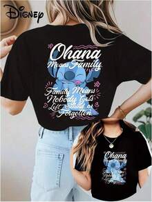 Soft Cotton Women's T-Shirt |   Disney Lilo & Stitch "Ohana Means Family" Graphic |   Casual Summer Wear - màu đen - Xem 1