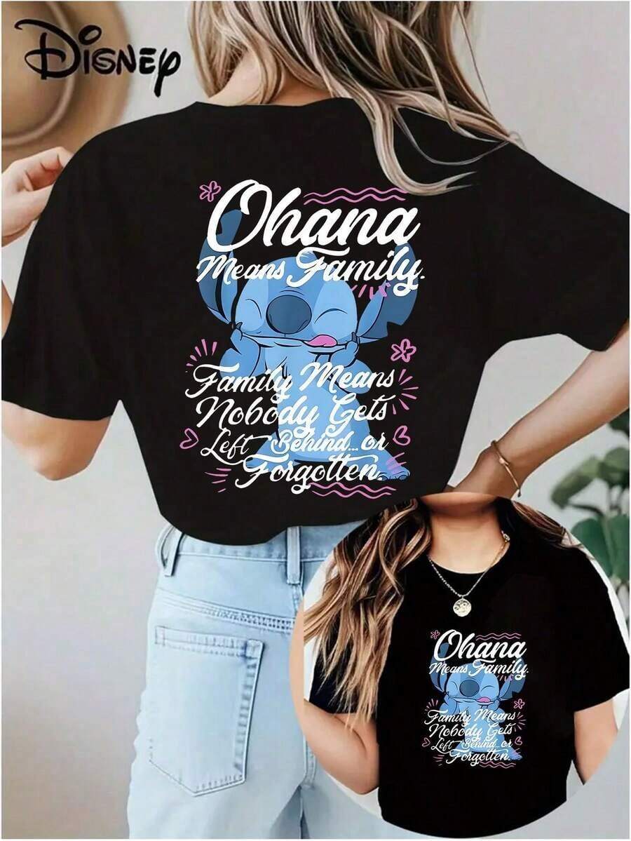 Soft Cotton Women's T-Shirt | Disney Lilo & Stitch "Ohana Means Family" Graphic | Casual Summer Wear - màu đen - Xem 1